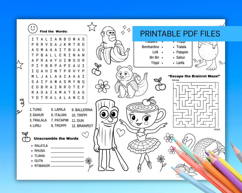 K&ouml;nnte beinhalten: Schwarz-wei&szlig;es, druckbares PDF-Arbeitsblatt mit Wortsuchr&auml;tseln, Wortr&auml;tseln, einem Labyrinth und Illustrationen eines Affen, Pandas, einer Ballerina und anderer Charaktere. Der Text "Printable PDF Files" steht oben.