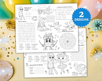 印刷可能なBrainrot誕生日プレースマット、Stealing A Brainrotテーマの塗り絵ページ、子供向けアクティビティシート