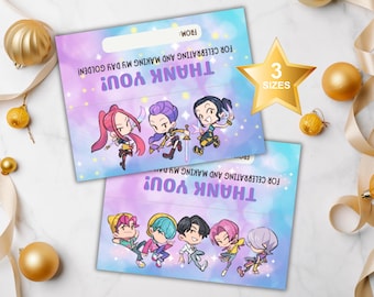 KPOP Leckerli Beutel Toppers zum ausdrucken, Dämonenjäger Geburtstag Party Favor Tag, Saja Boys und Huntrix Danke Geschenk Label