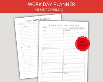 Work Day Planner, Work Day Organizer, Printable Work Planner, To Do List, Work Checklist, Business Plan Daily Schedule, Digital Planner