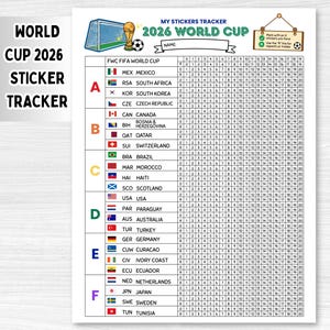 以下が含まれることがあります： 2026年ワールドカップのステッカー追跡用シート。上部にサッカーゴール、トロフィー、ボールのイラストが描かれています。AからFまでのグループごとに国名と国旗がリストされ、ステッカーを管理するための番号付きの行が並んでいます。