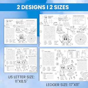 K&ouml;nnte beinhalten: Zwei Designs von Malaktivit&auml;tsbl&auml;ttern mit dem Text "2 DESIGNS I 2 SIZES". Die Bl&auml;tter enthalten Wortsuchr&auml;tsel, Labyrinthe und Zuordnungsspiele. Ein Blatt ist 27,94 cm x 21,59 cm gro&szlig; und das andere 43,18 cm x 27,94 cm.