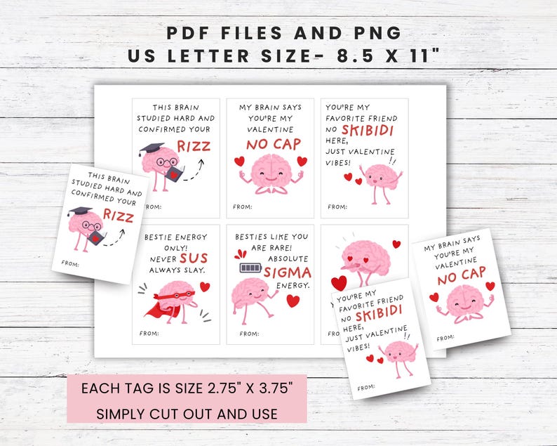 Funny Gen Alpha Brain Valentine Cards Printable Teen Kids Slang Skibidi ...