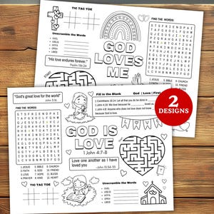 May include: Two white activity sheets with black line art. One says "God Loves Me" and the other "God is Love." Each sheet has puzzles, mazes, and Bible verses. A red circle indicates "2 Designs."