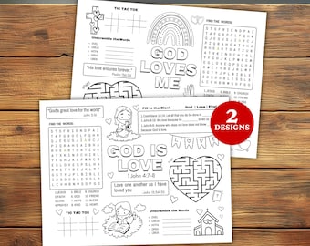 Bible Valentine Coloring Placemats, Christian God Loves Me Activity Sheets, Sunday School Craft, Church Valentine Games, Scripture Worksheet
