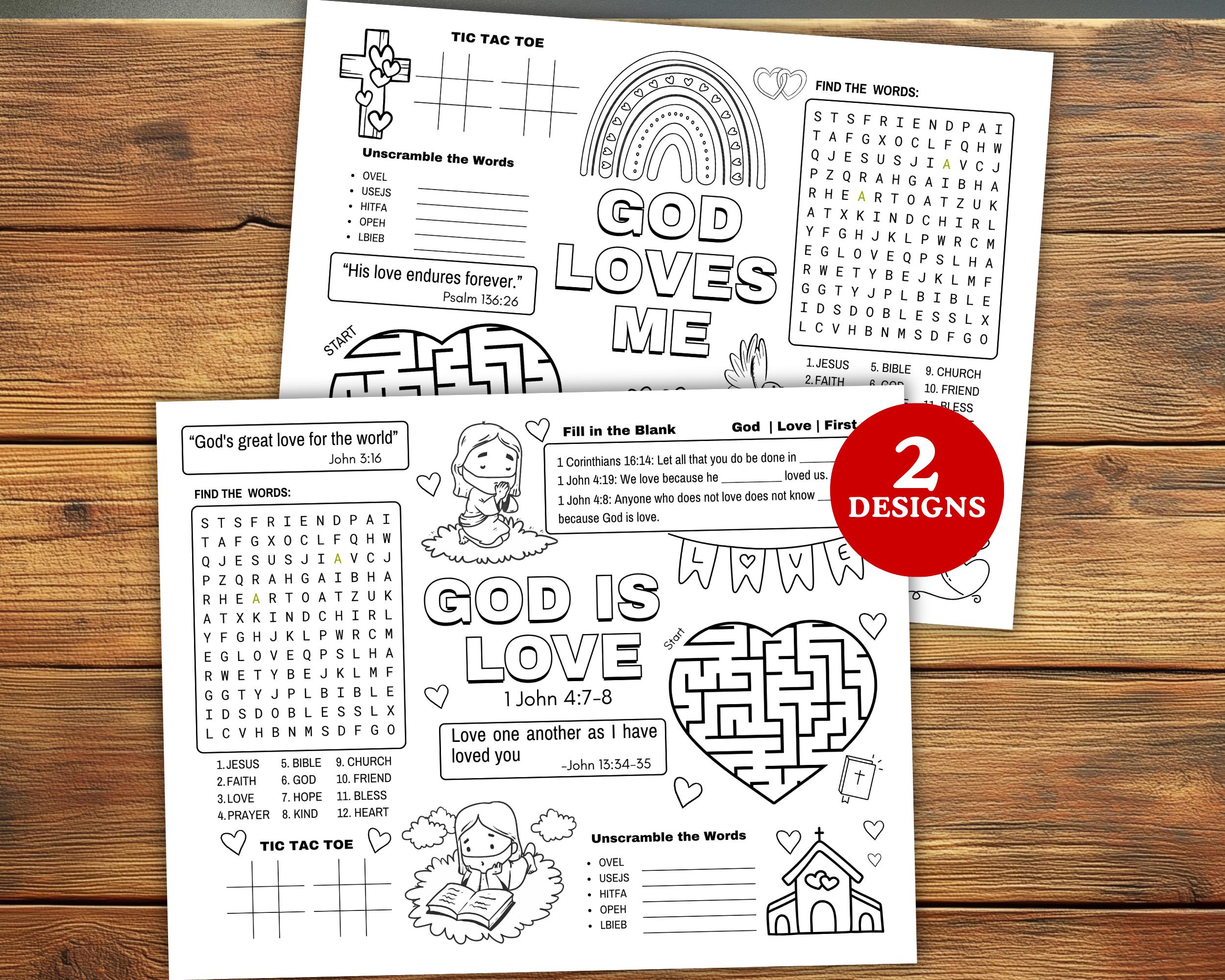 Bible Valentine Coloring Placemats, Christian God Loves Me Activity ...