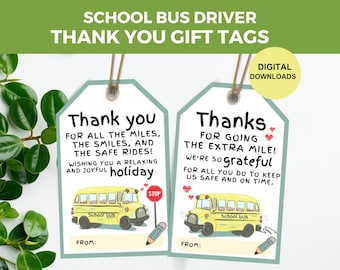 Printable Thank You School Bus Driver Holiday Gift Tags, Any Season Bus Driver Gift Tags, Christmas, Thanksgiving, Last Day Of School