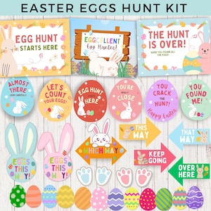 以下が含まれることがあります： ウサギ、卵、矢印が描かれた、印刷可能なイースターエッグハントのサイン18枚セット。サインには、「エッグハントはここからスタート」「あなたはハントをクラックする」「もうすぐそこ」などのフレーズが書かれています。