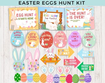 Ostereier Jagd Schilder Kit zum Ausdrucken, Osterjagd Ei Dekorationen Outdoor Indoor Schilder, Hase Fußabdrücke, Zeiger Schilder, Osterjagd Poster