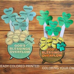 May include: Two St. Patrick's Day themed paper crafts. One is pre-colored, the other is a coloring project. Each features a pot of gold with the text "GOD'S BLESSINGS OVERFLOW" and shamrocks with words like "Faith" and "Kindness".