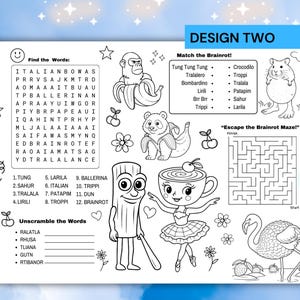 K&ouml;nnte beinhalten: Schwarz-wei&szlig;-Aktivit&auml;ts-Platzset mit dem Text "DESIGN TWO". Enth&auml;lt Wortsuchspiele, Zuordnungsspiele, Labyrinthe und Wortr&auml;tsel mit Cartoon-Illustrationen von Tieren und Objekten.