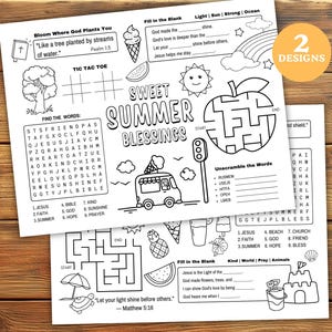 Könnte beinhalten: Zwei schwarz-weiße Aktivitätsblätter mit sommerlichen Ausmalbildern und Rätseln. Die Seiten enthalten Wortsuchrätsel, Labyrinthe, Tic-Tac-Toe und Lückentexte mit religiösen Inhalten sowie Illustrationen von Eiscreme, Sonne und Strand.