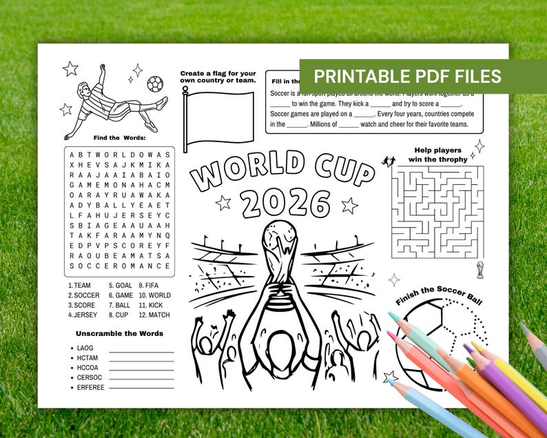 Puede incluir: Una hoja de actividades imprimible en blanco y negro titulada World Cup 2026 que incluye una sopa de letras, un laberinto, un bal&oacute;n de f&uacute;tbol para completar, un texto para rellenar, una bandera para dise&ntilde;ar e ilustraciones de jugador y trofeo.