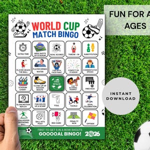 May include: A white World Cup Match Bingo game card featuring a grid of soccer-themed icons and text, including Extra Time, Goal Scored, and Red Card. The card has a green bottom border with the text First to get 5 in a row shouts Goooal Bingo!