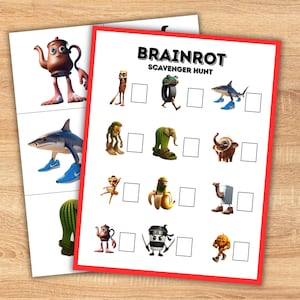 Może przedstawiać: Dwa arkusze papieru z obrazkami z kreskówek i tekstem "BRAINROT SCAVENGER HUNT". Jeden arkusz zawiera czajnik, rekina i kaktus. Drugi arkusz ma siatkę poszukiwacza skarbów z różnymi postaciami z kreskówek.