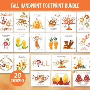 Könnte beinhalten: Eine Sammlung von 20 druckbaren Kunstblättern mit dem Titel FALL HANDPRINT FOOTPRINT BUNDLE, die verschiedene herbstliche Illustrationen zeigen. Jedes Blatt enthält Hand- oder Fußabdruckkunst kombiniert mit saisonalen Motiven wie Kürbissen, Blättern, Eulen, Truthähnen und Pilzen, begleitet von kurzen englischen Textphrasen.