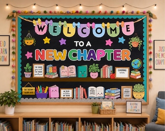 Back To School Library Bulletin Board, Welcome To A New Chapter Reading Corner Classroom Display Books Shelf, Book Nook, Motivational Quotes