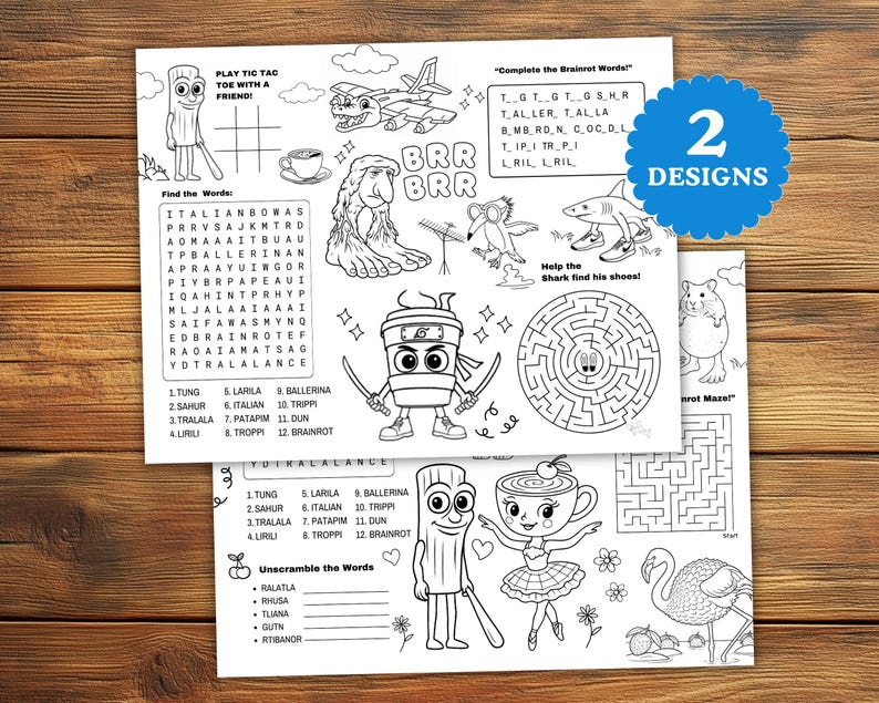 K&ouml;nnte beinhalten: Zwei schwarz-wei&szlig;e Arbeitsbl&auml;tter mit verschiedenen Spielen und R&auml;tseln, darunter ein Tic-Tac-Toe-Spiel, Wortsuchr&auml;tsel, Labyrinthe und Wortr&auml;tsel. Die Bl&auml;tter zeigen Cartoon-Illustrationen eines Flugzeugs, eines Hais und anderer Charaktere. Der Text "2 DESIGNS" ist sichtbar.