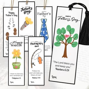 May include: A collection of white Father's Day bookmarks with various designs. The designs include footprints, a flashlight, a tie, a tree, a flower, and a fishing rod with a fish. Each bookmark has the words "Happy Father's Day".