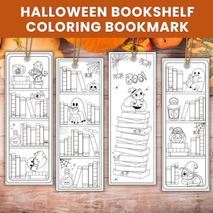 May include: Four black and white Halloween-themed coloring bookmarks. Each bookmark features a bookshelf design with Halloween-related illustrations, including ghosts, pumpkins, and spiders. The text "Halloween Bookshelf Coloring Bookmark" is at the top.