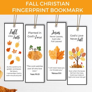 May include: Four rectangular bookmarks with fall-themed designs and text. The bookmarks feature autumn leaves, a pumpkin, and a tree, with religious quotes. Each bookmark has a string for hanging. The top text reads "FALL CHRISTIAN FINGERPRINT BOOKMARK".