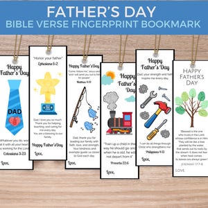 May include: A set of Father's Day bookmarks with various designs. Each bookmark features a different illustration, including a tie, trophy, fishing rod, train, tools, and a tree, along with Bible verses and the words "Happy Father's Day."