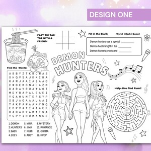 Op de afbeelding: Zwart-wit activiteitenvellen met de tekst "DESIGN ONE" bovenaan. Het vel bevat een woordzoeker, doolhof, boter-kaas-en-eieren en invulactiviteiten, samen met illustraties van anime-achtige personages en de woorden "DEMON HUNTERS".