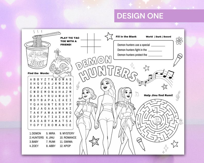 Op de afbeelding: Zwart-wit activiteitenvellen met de tekst "DESIGN ONE" bovenaan. Het vel bevat een woordzoeker, doolhof, boter-kaas-en-eieren en invulactiviteiten, samen met illustraties van anime-achtige personages en de woorden "DEMON HUNTERS".