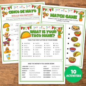 Könnte beinhalten: Drei Aktivitätsblätter zum Thema Cinco de Mayo. Die Blätter enthalten ein "Would You Rather?"-Spiel, ein "Match Game" und ein "What is Your Taco Name?"-Spiel. Die Blätter sind mit festlichen Grafiken verziert und der Text "10 Activities" befindet sich in einem grünen Kreis.