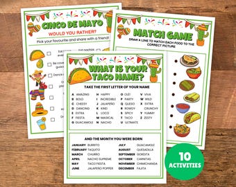 Cinco de Mayo Games Bundle Printable, Taco Name Game, Would You Rather, Matching & Coloring, Fiesta Classroom Activities Bundle