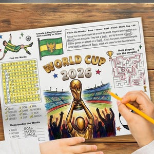 Puede incluir: Una hoja de actividades de la Copa Mundial 2026 con una sopa de letras, un ejercicio de completar espacios, un laberinto y un espacio para dibujar una bandera. El centro muestra un trofeo dorado sostenido por una figura en un estadio.