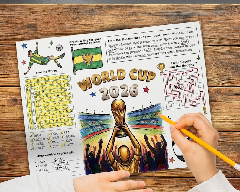 Puede incluir: Una hoja de actividades de la Copa Mundial 2026 con una sopa de letras, un ejercicio de completar espacios, un laberinto y un espacio para dibujar una bandera. El centro muestra un trofeo dorado sostenido por una figura en un estadio.