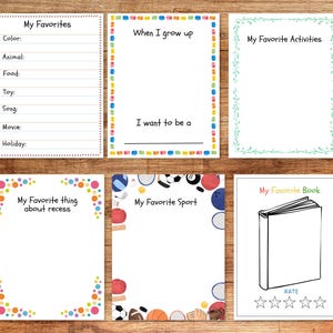 May include: Six white fill-in-the-blank cards with colorful borders and text. The cards include prompts for "My Favorites," "When I grow up," "My Favorite Activities," "My Favorite thing about recess," "My Favorite Sport," and "My Favorite Book."