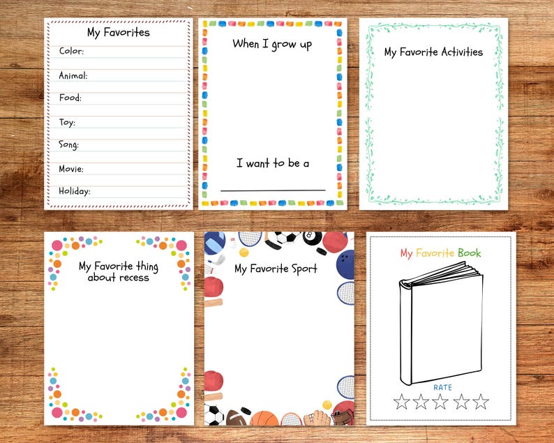May include: Six white fill-in-the-blank cards with colorful borders and text. The cards include prompts for "My Favorites," "When I grow up," "My Favorite Activities," "My Favorite thing about recess," "My Favorite Sport," and "My Favorite Book."