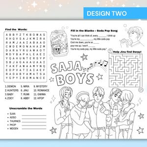 Op de afbeelding: Zwart-wit activiteitenvellen met een woordzoeker, invuloefeningen, een doolhof en het ontrafelen van woorden. Het vel bevat de tekst "SAJA BOYS" en illustraties van stripfiguren. De te vinden woorden staan onder de woordzoeker.