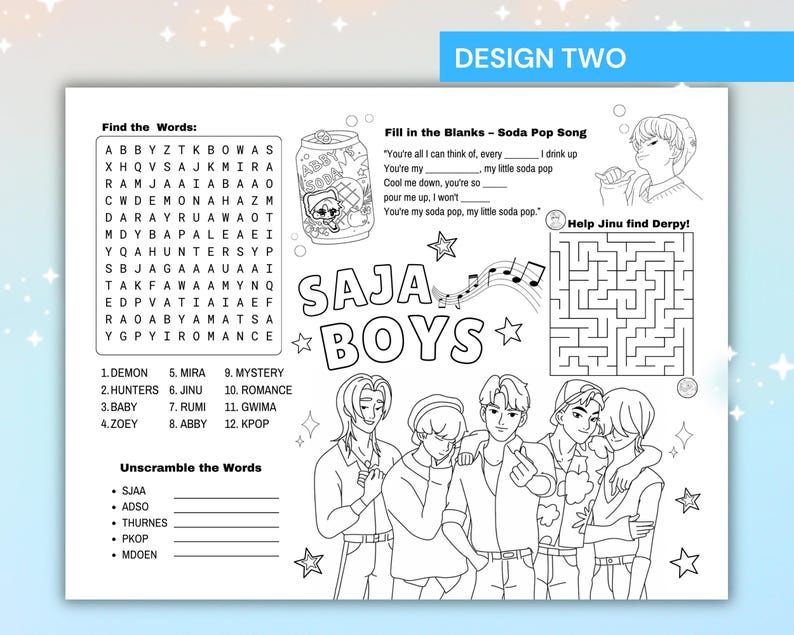 Op de afbeelding: Zwart-wit activiteitenvellen met een woordzoeker, invuloefeningen, een doolhof en het ontrafelen van woorden. Het vel bevat de tekst "SAJA BOYS" en illustraties van stripfiguren. De te vinden woorden staan onder de woordzoeker.
