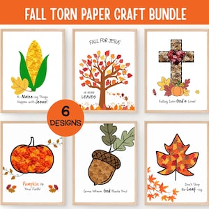 Puede incluir: Un paquete digital de seis plantillas de manualidades con temática otoñal y diseños de papel rasgado. Cada impresión muestra imágenes estacionales que incluyen maíz, un árbol, una cruz, una calabaza, una bellota y una hoja con textos.