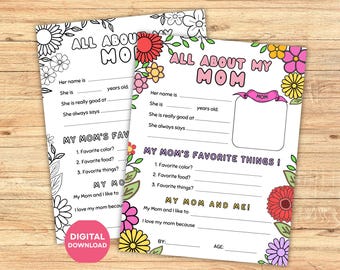 All About My Mom Printable, Mother's Day Questionnaire Worksheet Preschool Classroom, Mother's Day Keepsake, Kids Activity for Mothers Day