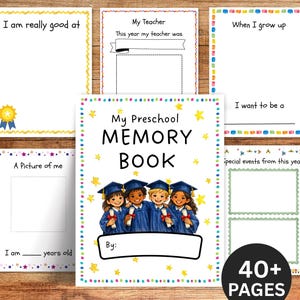 Könnte beinhalten: Ein Vorschul-Erinnerungsbuch mit einem Einband mit Illustrationen von Kindern in Abschlusskleidung. Das Buch enthält Seiten für Fotos und Schreibaufforderungen wie „Ich bin wirklich gut in“ und „Wenn ich groß bin“. Das Buch hat 40+ Seiten.