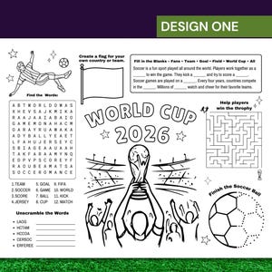 Puede incluir: Una hoja de actividades imprimible en blanco y negro titulada World Cup 2026 que incluye una sopa de letras, un laberinto, ejercicios de completar espacios, un bal&oacute;n de f&uacute;tbol para completar y una ilustraci&oacute;n central de una persona con un trofeo.