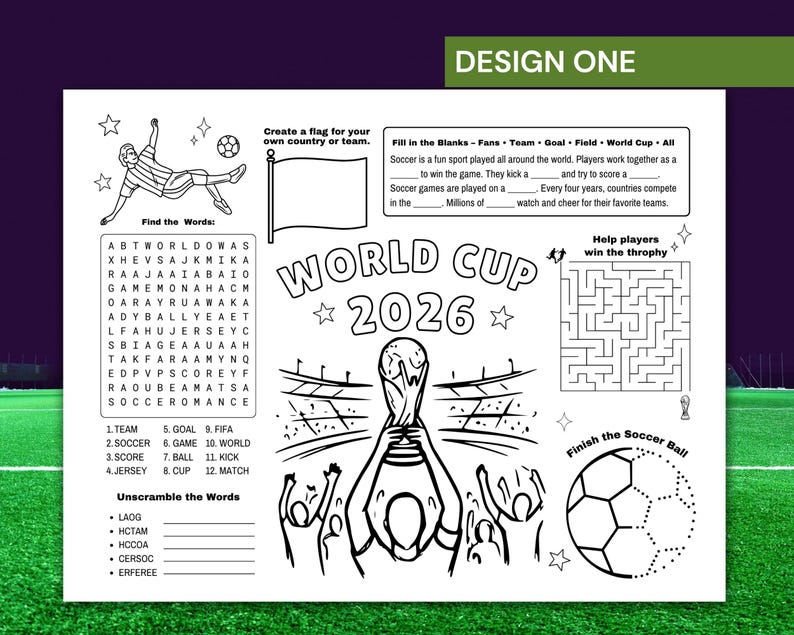 Puede incluir: Una hoja de actividades imprimible en blanco y negro titulada World Cup 2026 que incluye una sopa de letras, un laberinto, ejercicios de completar espacios, un bal&oacute;n de f&uacute;tbol para completar y una ilustraci&oacute;n central de una persona con un trofeo.