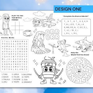 K&ouml;nnte beinhalten: Schwarz-wei&szlig;-Aktivit&auml;ts-Platzset mit verschiedenen Spielen und R&auml;tseln. Enth&auml;lt ein Tic-Tac-Toe-Spiel, eine Wortsuche, ein Labyrinth und L&uuml;ckentexte. Mit Cartoon-Illustrationen von Flugzeug, Hai und Kaffeetasse.