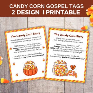 Può includere: Due etichette rettangolari stampabili intitolate The Candy Corn Story con bordi a strisce arancioni e gialle. Ogni etichetta presenta testo sui colori delle caramelle e un grafico di un barattolo pieno di caramelle, circondato da caramelle sfuse.
