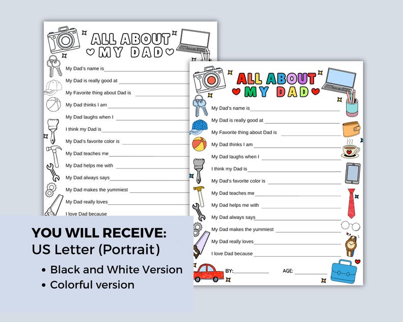 Father's Day Printable Questionnaire: All About My Dad Coloring Page image 2
