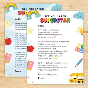 Carta de despedida de los maestros para estudiantes imprimible para celebraciones de fin de año, poema de "Hasta luego" del maestro, carta de fin de escuela
