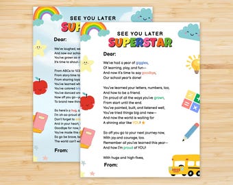 Lettre d'adieu imprimable des enseignants pour les fêtes de fin d'année, à plus tard, poème de l'enseignant, lettre de fin d'école