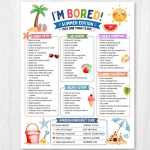 Könnte beinhalten: Ein druckbares Aktivitätsblatt mit dem Titel I'M BORED! SUMMER EDITION, verziert mit bunten Aquarellillustrationen von einer Palme, Sonne, Wassermelone, einem Strandeimer und einer Sandburg. Es enthält verschiedene Kategorien für Aktivitäten.