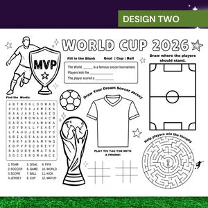 Puede incluir: Una hoja de actividades en blanco y negro titulada WORLD CUP 2026 que incluye un jugador de f&uacute;tbol, un trofeo MVP, una sopa de letras, frases para completar, un bal&oacute;n, una camiseta para dibujar, un campo, rejillas de tres en raya y un laberinto.