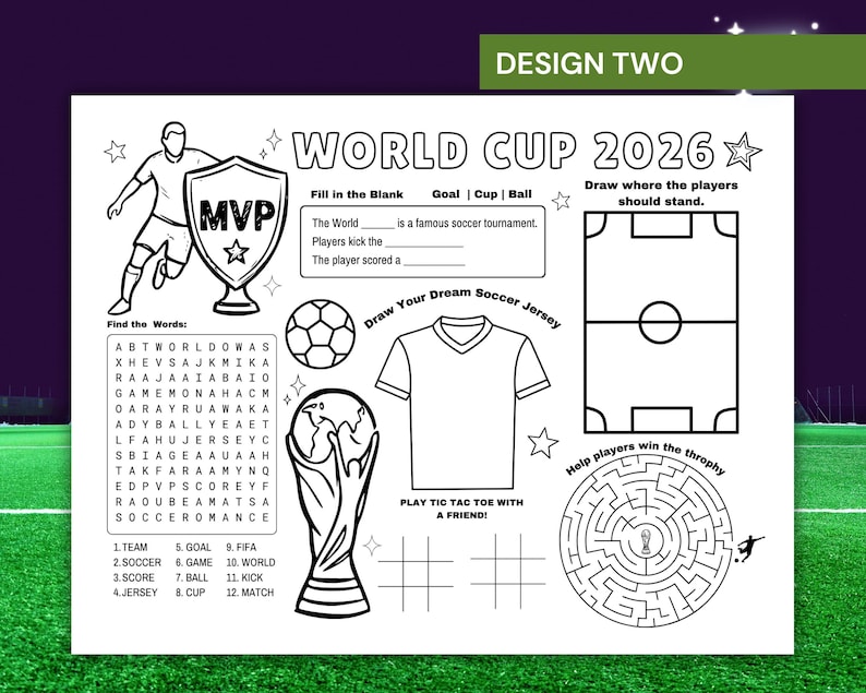 Puede incluir: Una hoja de actividades en blanco y negro titulada WORLD CUP 2026 que incluye un jugador de f&uacute;tbol, un trofeo MVP, una sopa de letras, frases para completar, un bal&oacute;n, una camiseta para dibujar, un campo, rejillas de tres en raya y un laberinto.