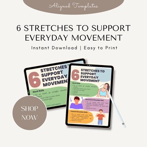 May include: Printable digital download of 6 stretches to support everyday movement. The colorful infographic features illustrations of each stretch and instructions for how to perform them. The text includes "Neck Rolls", "Forward Shoulder Rolls", and "Backward Shoulder Rolls".
